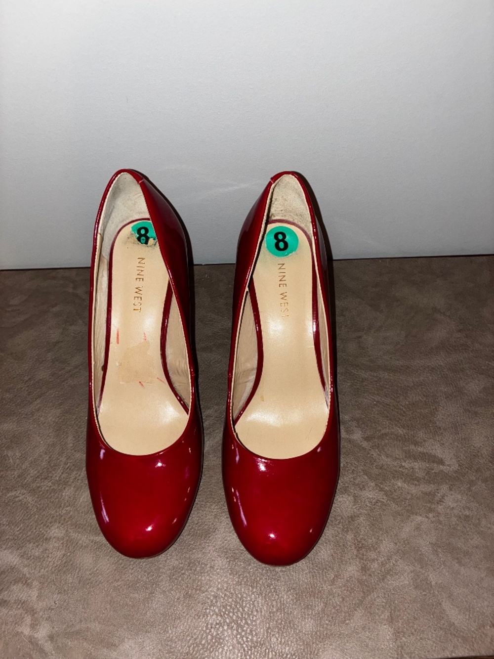 Shiny red round toe Nine West heels